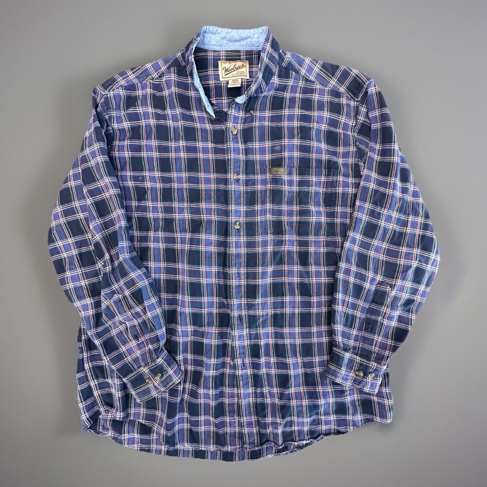 VTG Woolrich Plaid Flannel Button Down Shirt Men’s L Blue Red Long Sleeve Cotton
